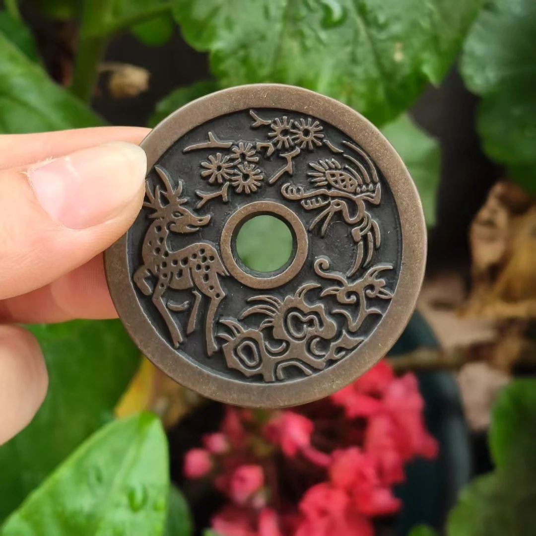 吉语花钱鹤鹿同春老铜翻砂款  直径46.6mm厚2.8mm