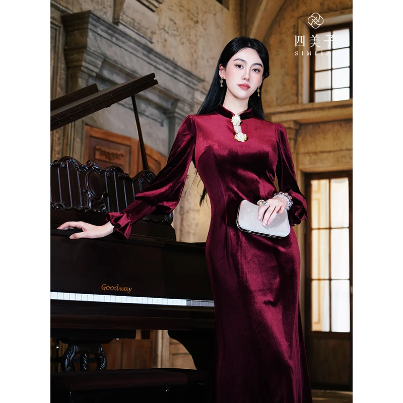 四美子【微醺玫瑰】秋季新款新中式灯笼袖红色显瘦改良旗袍连衣裙