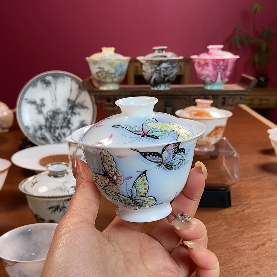 君***僧山月闲超薄胎脱胎瓷高温手工粉彩蝴蝶盖碗