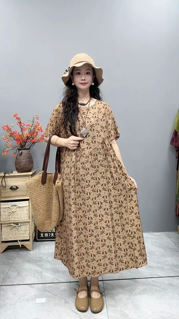 5259夏季新款显瘦气质时尚女百搭休闲文艺复古印花洋气宽松连衣裙