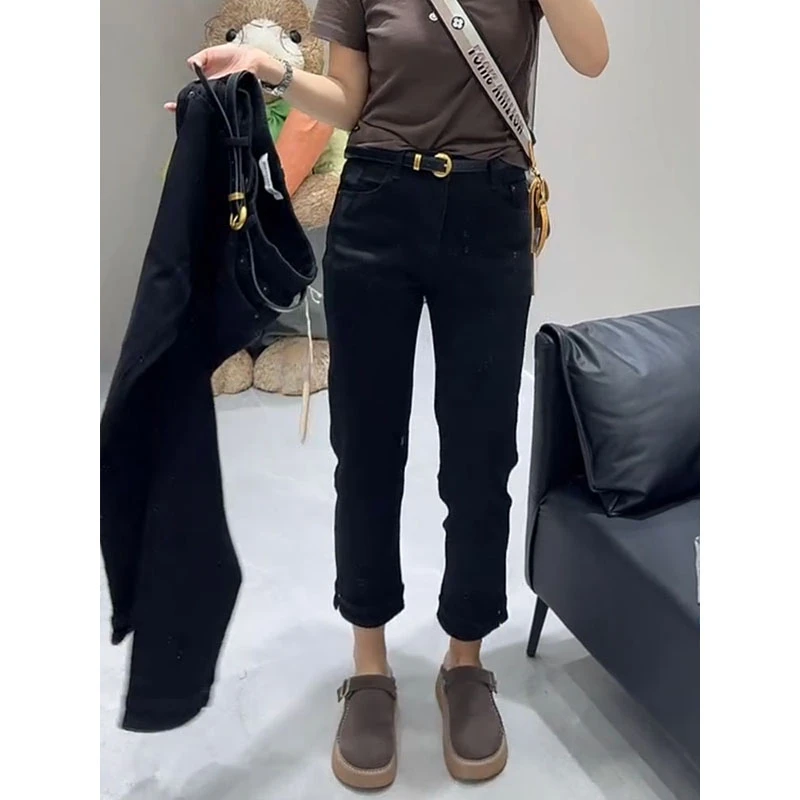 2025早秋新款小个子窄版弹力牛仔裤女时尚黑色修身显瘦直筒烟管裤