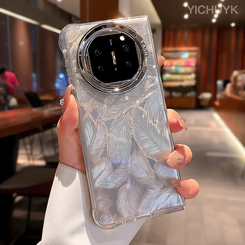 适用华为matex5壳x6新款高级感闪粉羽毛羽纱壳matex3折叠屏全包气