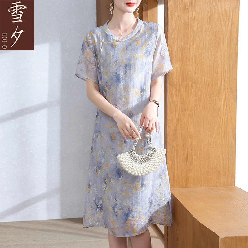 雪夕妈妈夏装连衣裙时尚短袖碎花裙中老年女装改良旗袍宽松长裙子