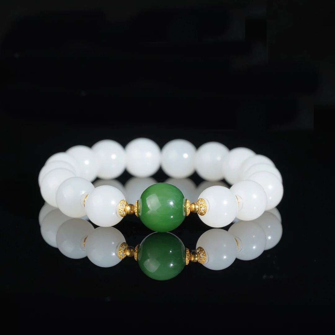 【鹿鸣】印雪 | 18k金和田玉超细润白俄巴沙白玉圆珠手串 10mm P168