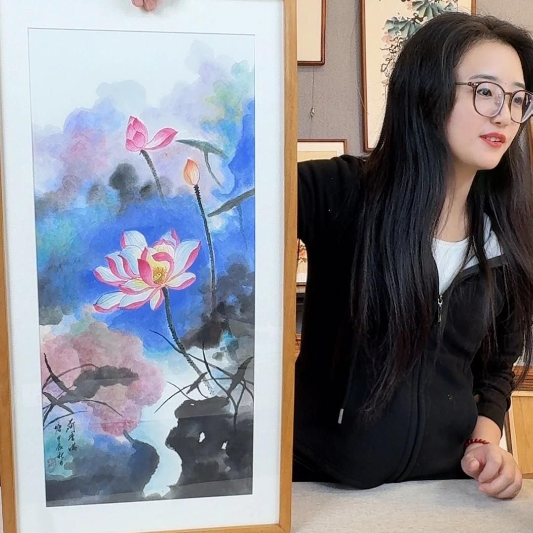 国画纯手绘，纯手写带框尺寸：36×69厘米