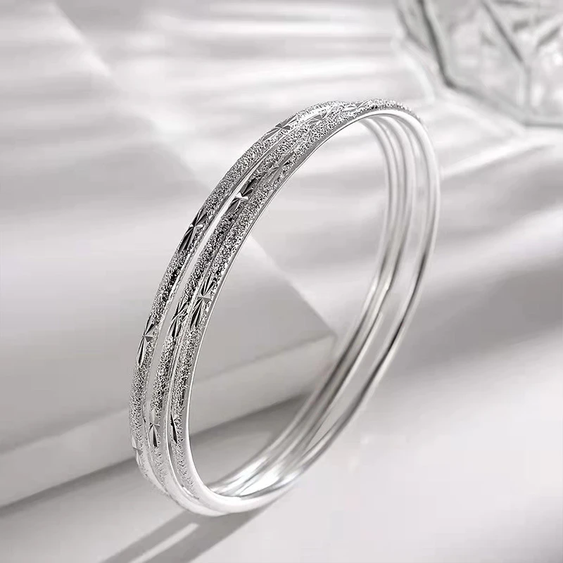 足银手镯 999.9 【26】三圈满天星三生三世手镯光面雕花实心细手环