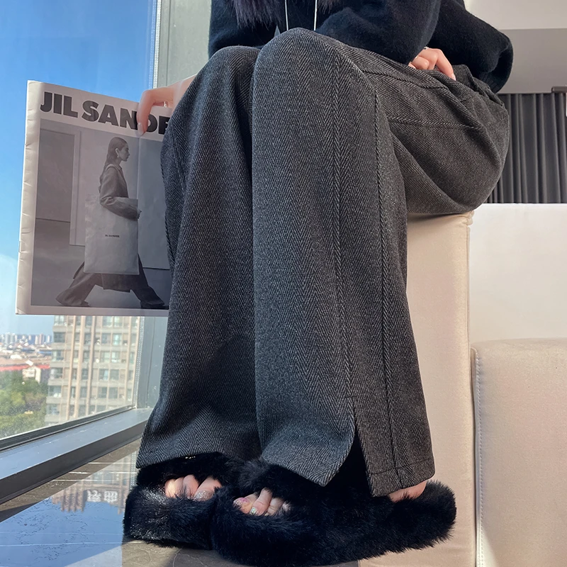 毛呢人字纹开叉香蕉阔腿裤女2025秋冬九分大码直筒宽松休闲裤女