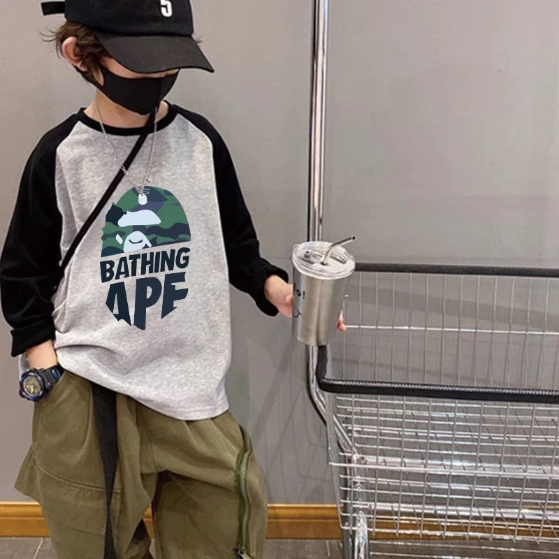 男童纯棉长袖t恤宽松洋气2025新款圆领拼接春秋插肩袖儿童打底衫