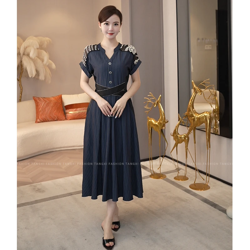 2025夏季新款【H-X527】刺绣拼接软牛仔收腰显瘦中长款气质连衣裙子