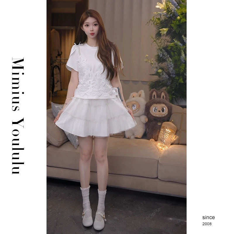 【mimius】Q 气质百搭蕾丝背心+T恤+裙裤（松紧腰） G06167