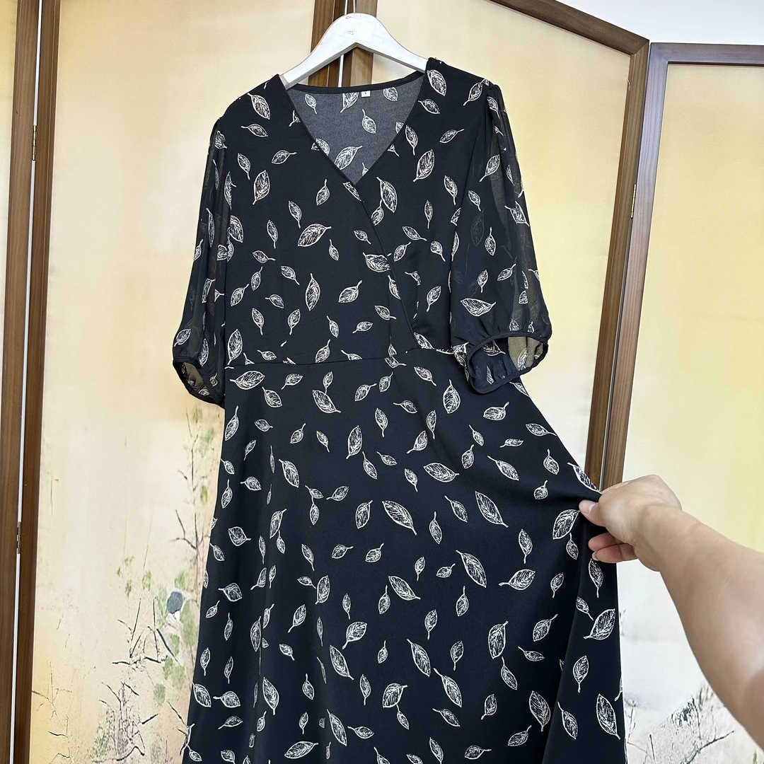 落叶飘V领半袖印花连衣裙B2-65