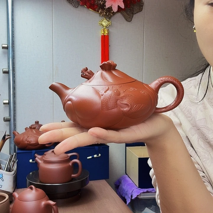 紫砂茶壶鱼化龙半手360毫升朱泥，微瑕处理
