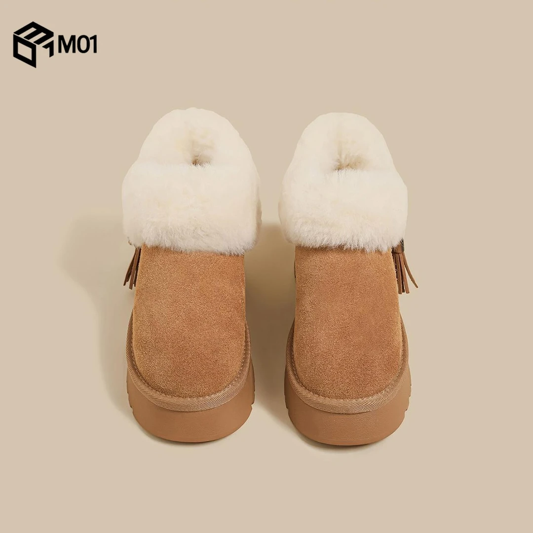 M01冬季新款厚底雪地靴女黄色串珠设计感保暖加绒毛毛鞋加厚棉鞋