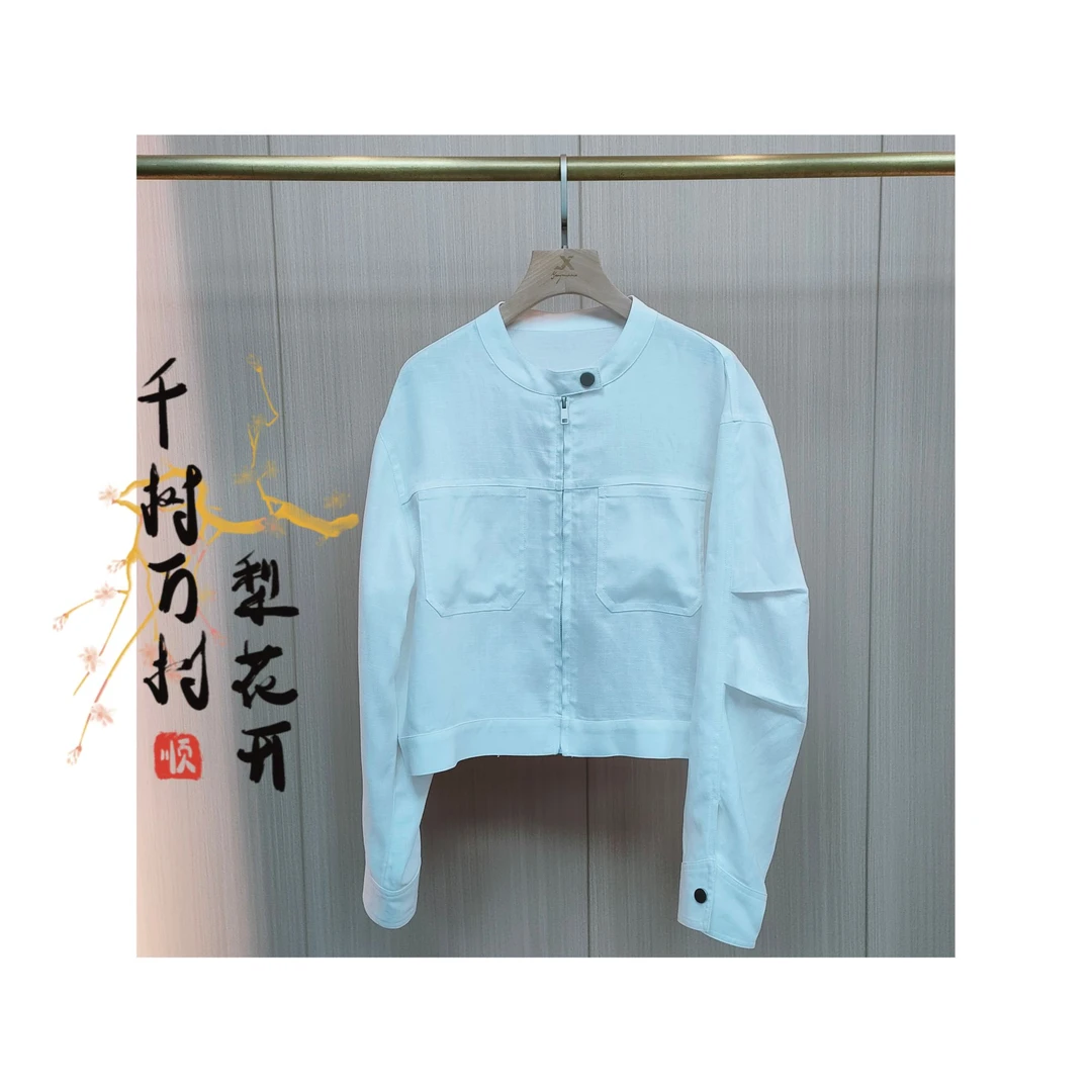 S88020927时尚小圆领拉链亚麻短款外套