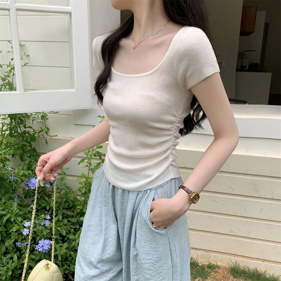 韩系方领收腰冰丝针织短袖T恤女夏季独特别致修身小飞袖正肩上衣