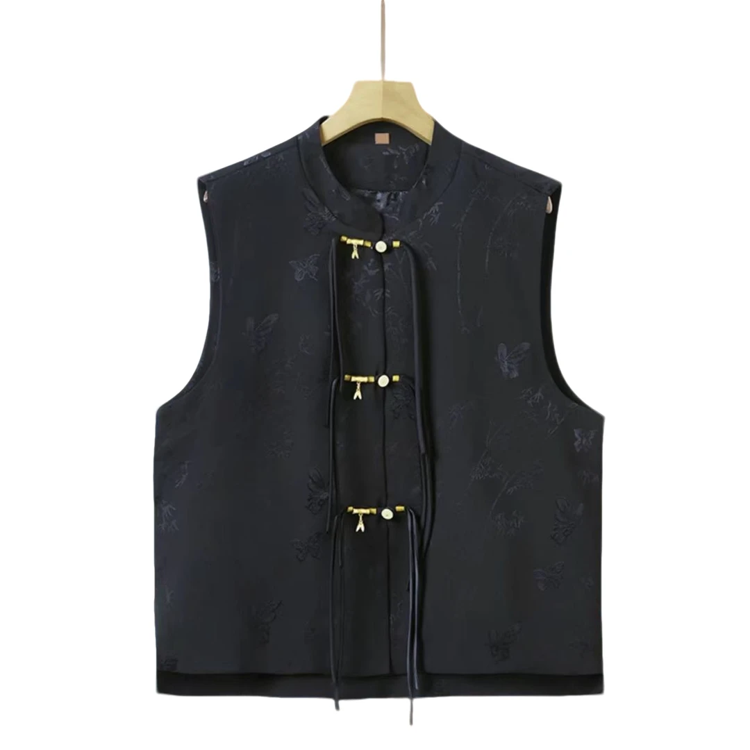 竹叶盘扣马甲立领秋季2025新款坎肩中式国风新中式提花流苏马夹