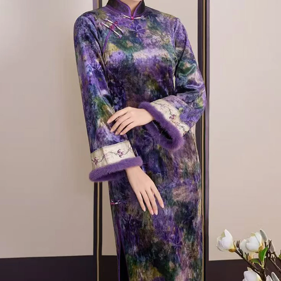 【紫襟】上上喜冬季加绒加厚保暖修身时尚长旗袍