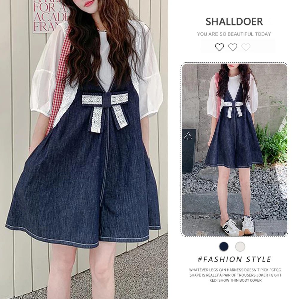 蝴蝶结牛仔背带裤套装女2025夏新款韩版小个子休闲短袖T恤两件套