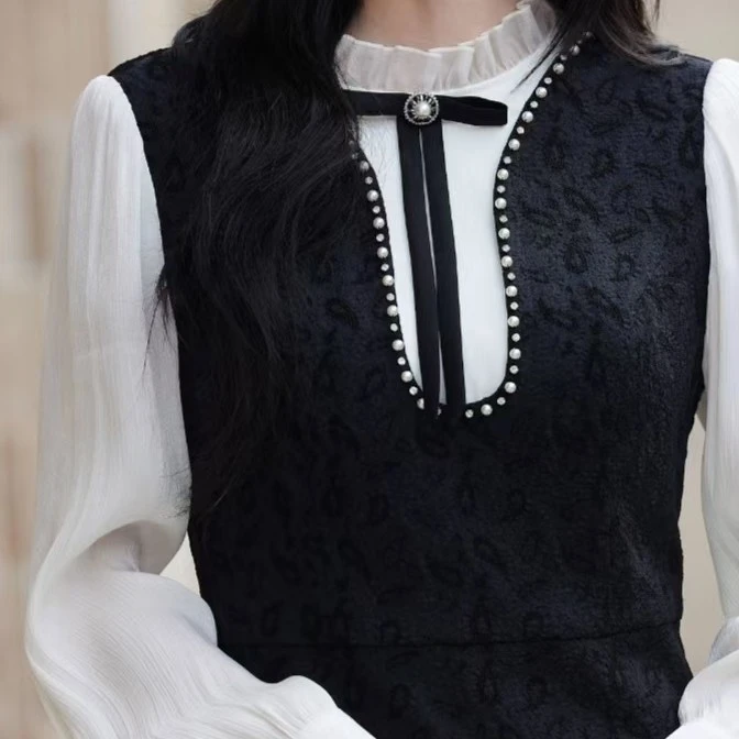 GD*高端藏蓝色立领连衣裙秋季新款木耳边设计感专柜正品24AL6162