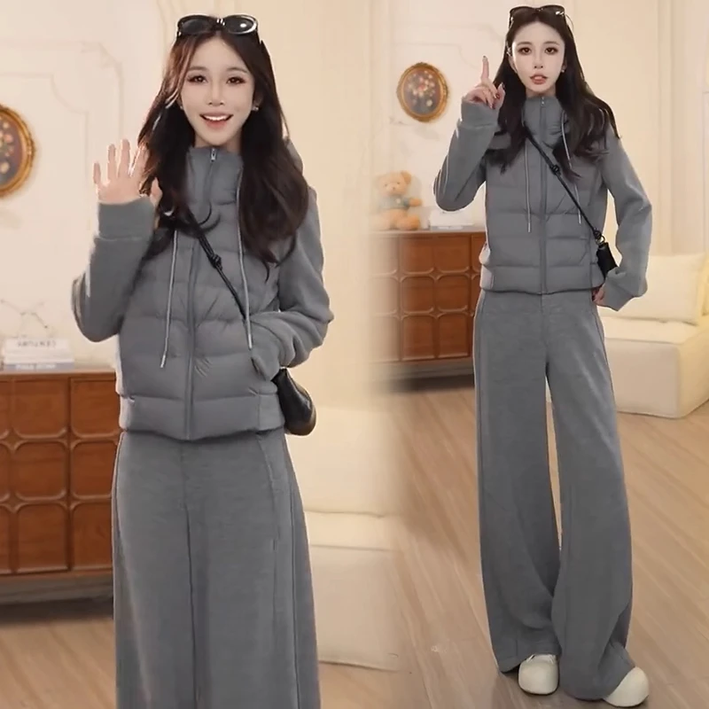 时尚套装女2025冬季新款洋气显瘦保暖连帽棉服外套阔腿裤两件套潮