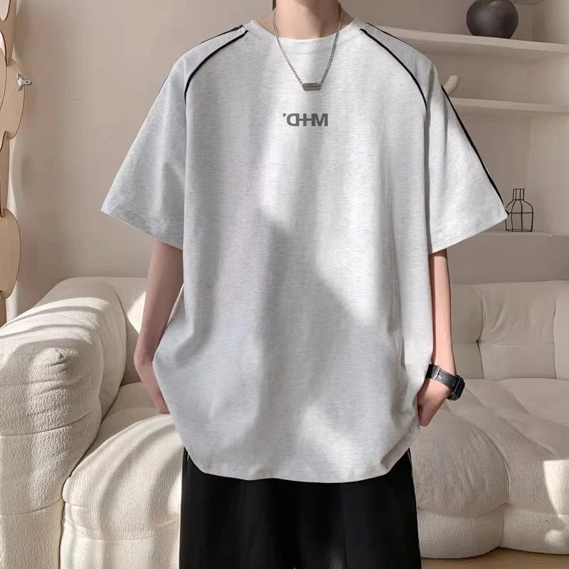 拼接简约短袖T恤男夏季美式潮牌潮流落肩袖潮男oversize半袖衣服