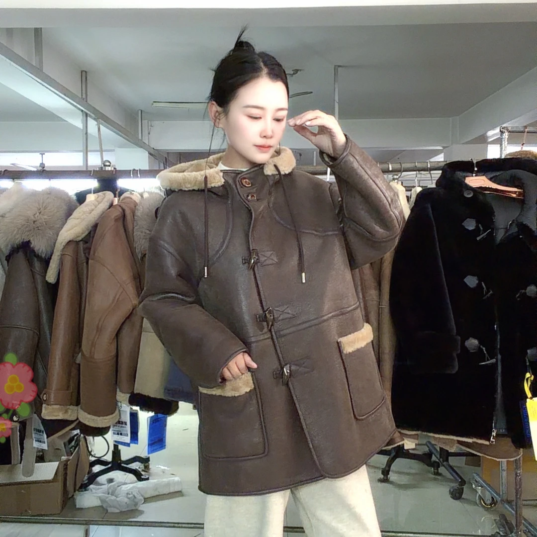 【MT’fur】2559轻油蜡复古做旧磨砂绒面韩系连帽小风衣皮草外套