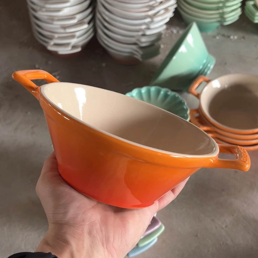 陶瓷 双耳斗笠碗 橙色色色色