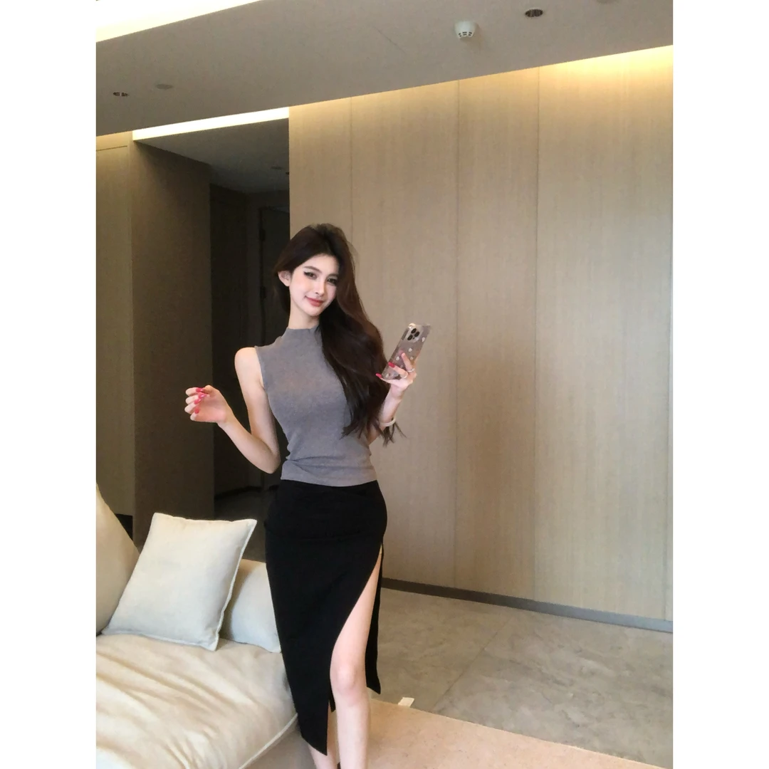 【时髦捕手】圆领无袖背心上衣显瘦褶皱不规则开叉半身裙夏季套装