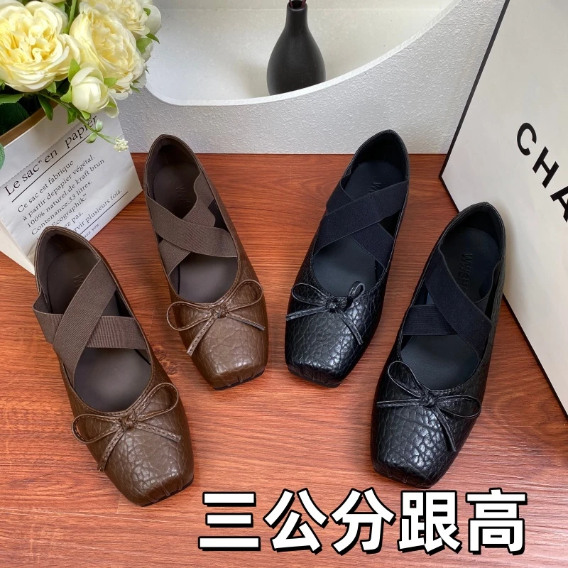 3CM粗跟法式仙女风交叉带蝴蝶结玛丽珍鞋女气质方头时尚百搭单鞋