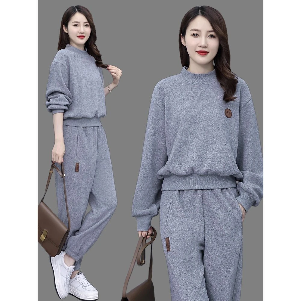 加绒加厚休闲卫衣运动服套装女2025年秋冬装新款爆款半高领两件套