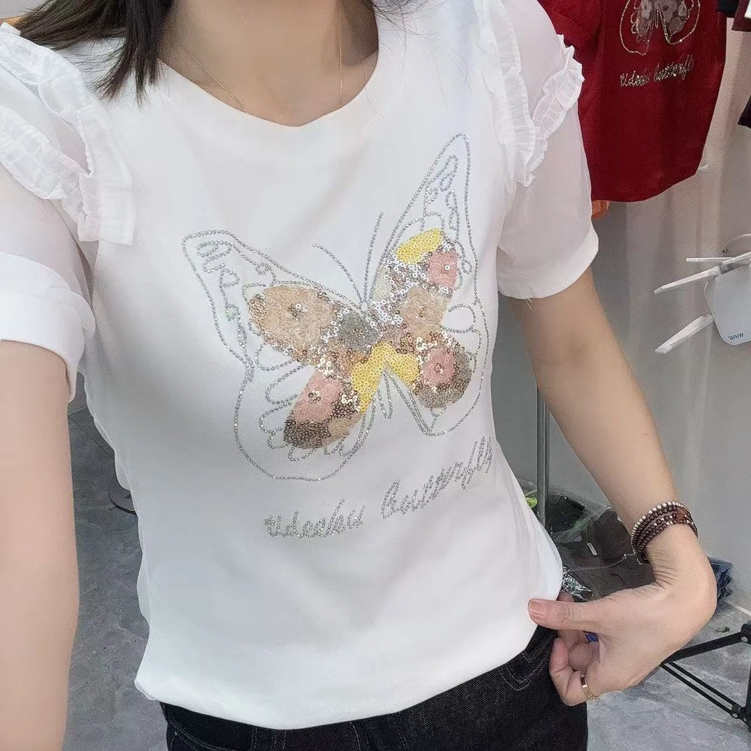 短袖重工亮片蝴蝶时尚2025春夏上衣减龄洋气