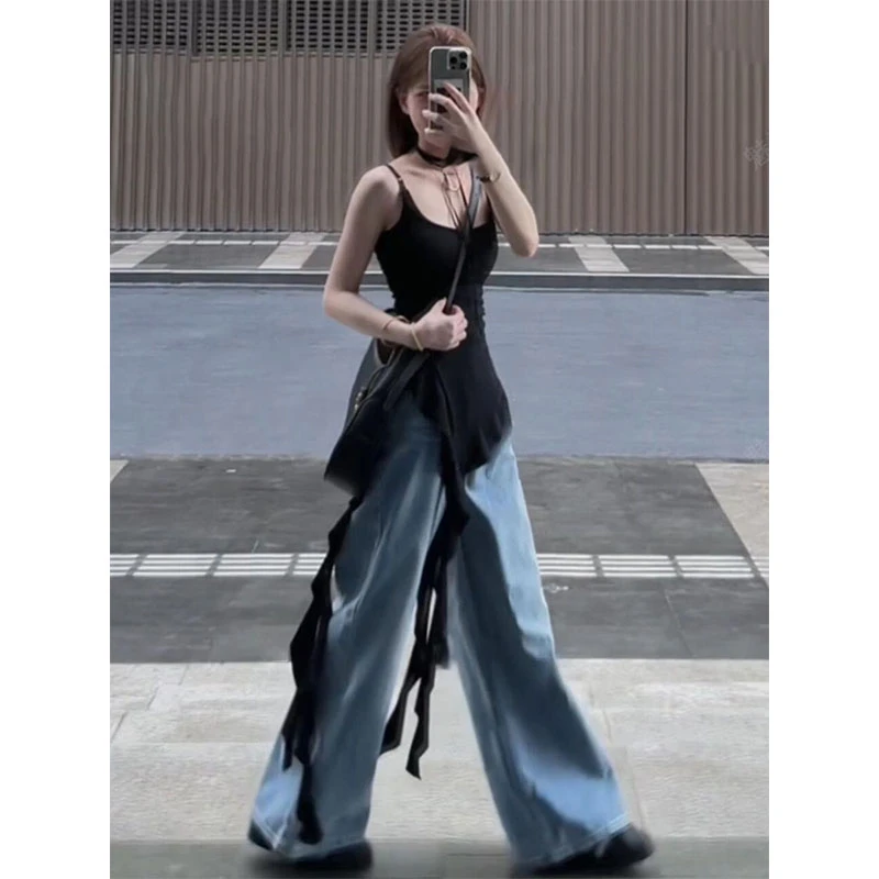 今日单品~甜辣妹不规则流苏飘带吊带背心女夏季修身显瘦无袖上衣