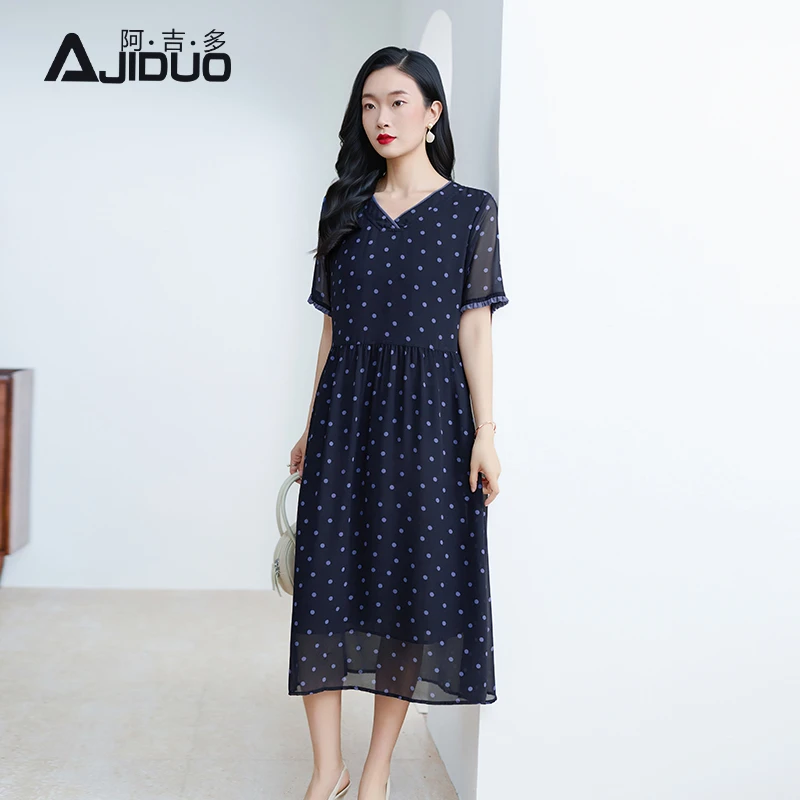 阿吉多短袖蓝色波点连衣裙女夏季高级气质妈妈装大码长裙子A31956