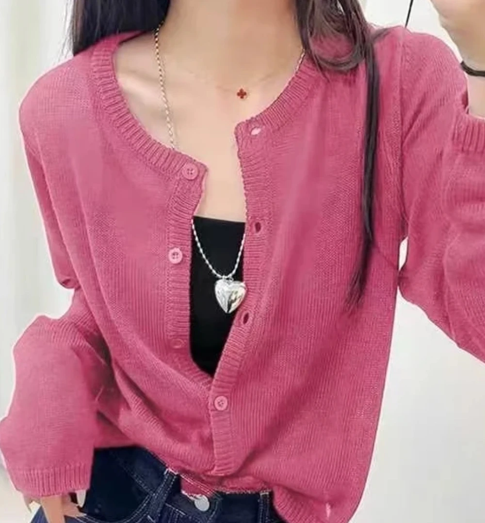 圆领针织开衫女长袖薄款防晒外套时尚树莓粉和纸纱25B-03822