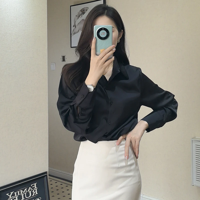 酷飒风女装高级感黑色垂感缎面衬衫轻奢衬衣设计感宽松松弛感上衣