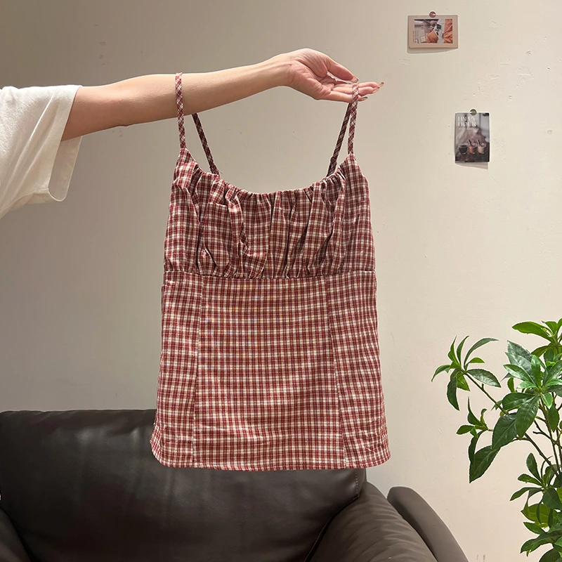 红格子复古修身外穿背心吊带小上衣女2025夏季新款纯欲上衣