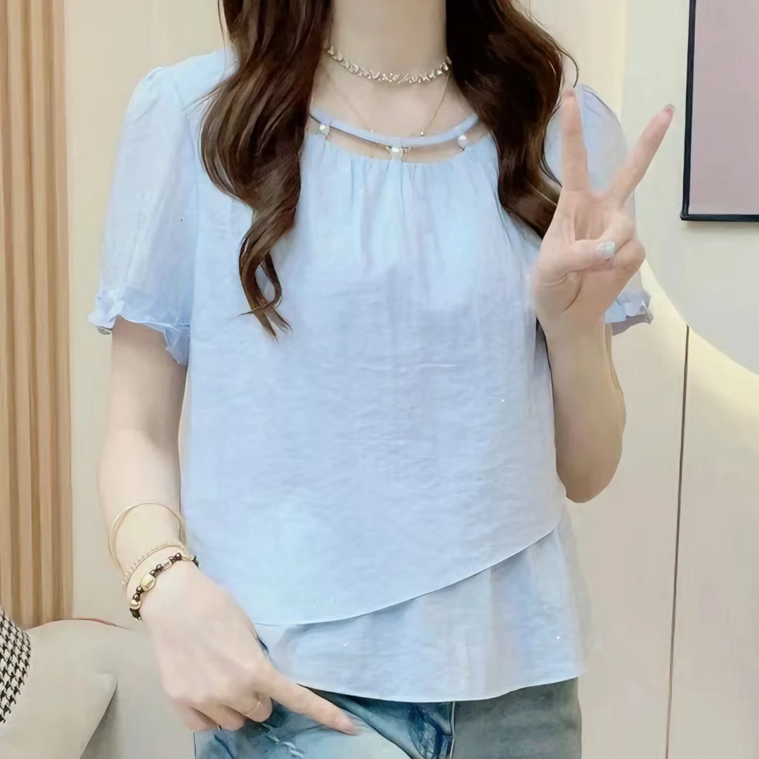 【时光倾城】2025新款时尚手工串珠亮闪闪设计感洋气减龄遮肚上衣女