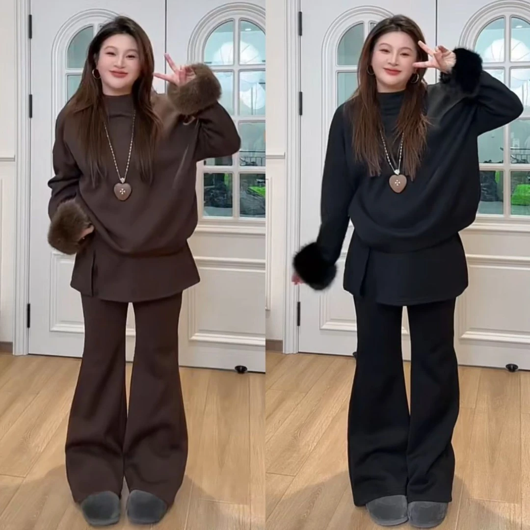 小众设计感休闲加绒可拆卸毛袖2025冬加厚上衣屁帘微喇长裤两件套