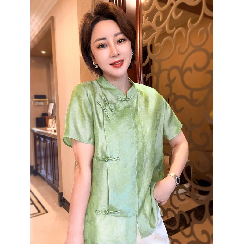 桑蚕丝斜襟盘扣新中式衬衫，立领国风精致气质女装上衣25051635