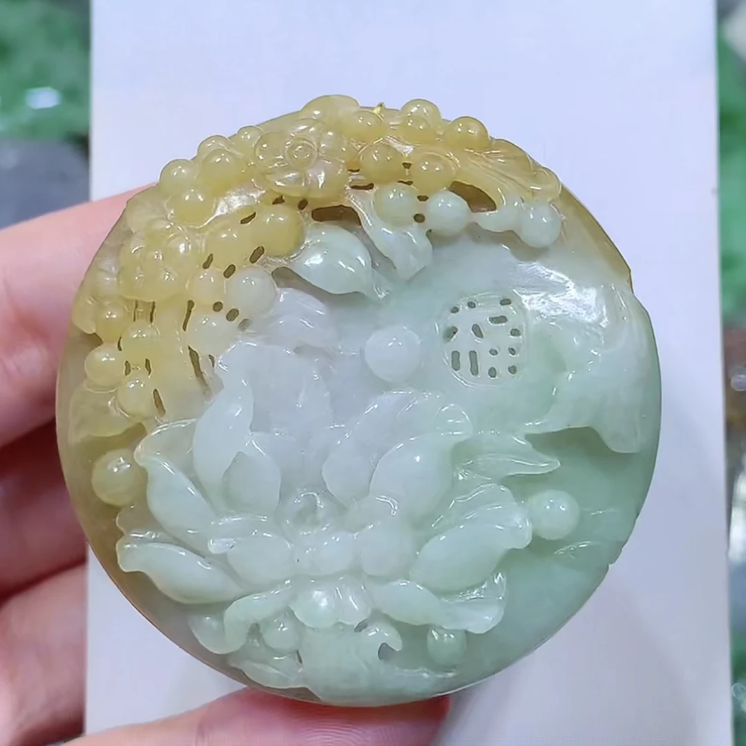 缅甸天然A货翡翠黄翡鸟语花香吊坠