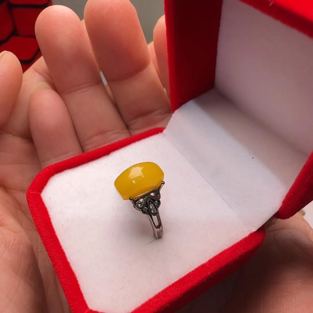 蜜蜡银S925镀金镶嵌戒指