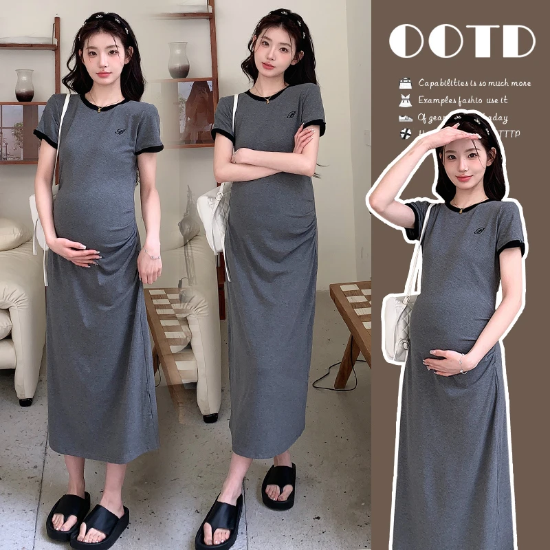 孕妇夏季短袖连衣裙2025新款洋气韩版宽松圆领拼色长裙小个子穿搭