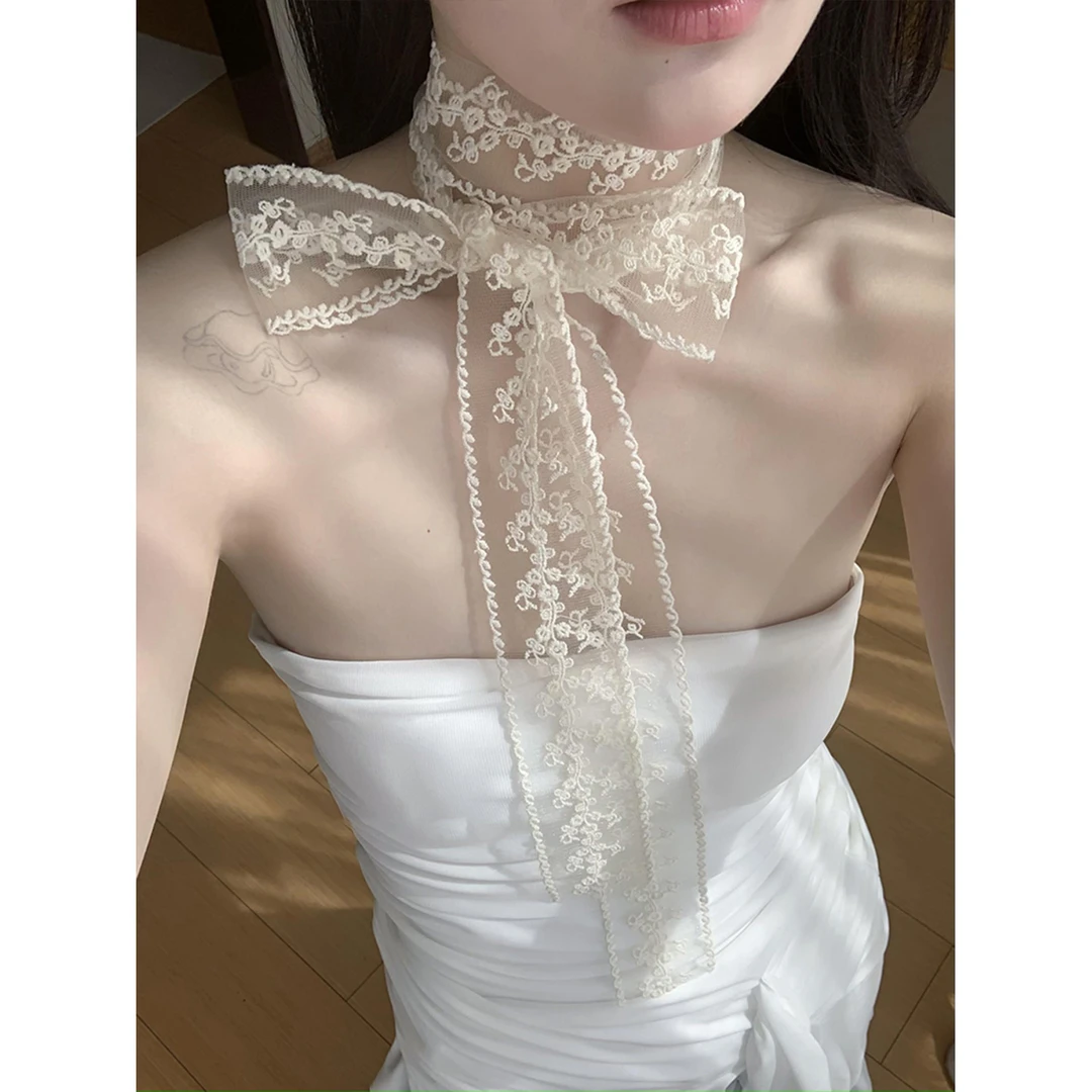 ins韩系白色蕾丝飘带丝巾女复古发带春夏氛围感腰带脖子配饰丝带
