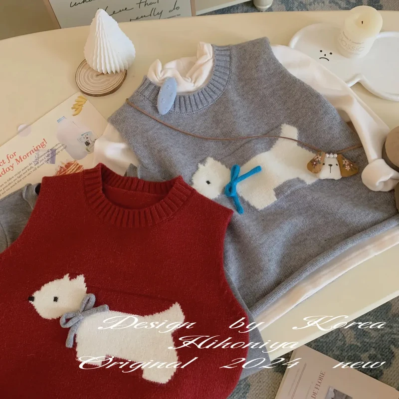 2025秋冬亲子蝴蝶结卡通小狗韩版毛衣马甲