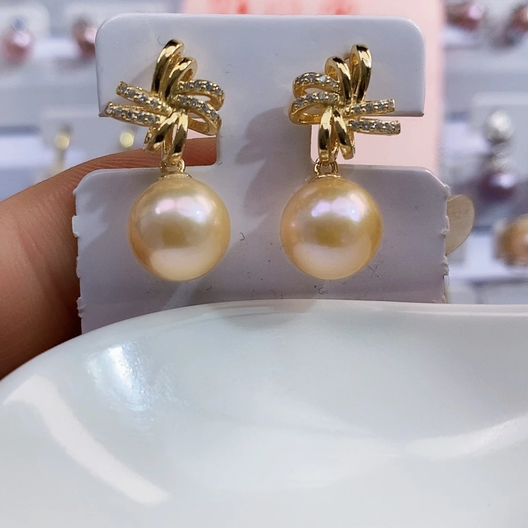 银S925镶嵌淡水正圆极光爱玛橙奶油金色设计款淡水珍珠