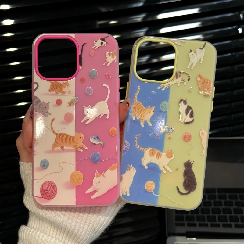 蓝黄拼接涂鸦猫咪适用苹果16pro创意iPhone15果冻手机壳可爱华为p