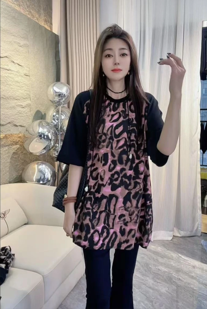 【乔家】Y8805新款时尚百搭豹纹拼接设计感上衣