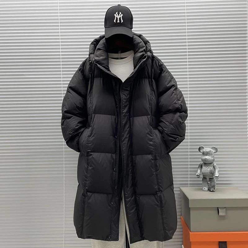 高充绒量连帽男士羽绒服中长款2025新款冬季加厚保暖鸭绒外套防寒