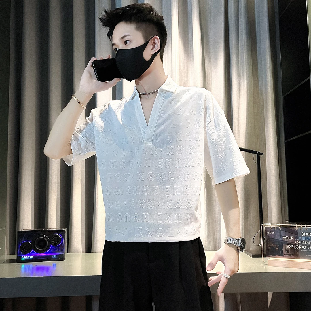 V领短袖爆款设计感潮流痞帅提花男装上衣服夏季休闲薄款半袖衬衫