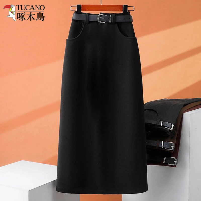 TUCANO/啄木鳥厚款毛呢包臀裙秋冬一步裙高腰中长裙半身裙时尚风